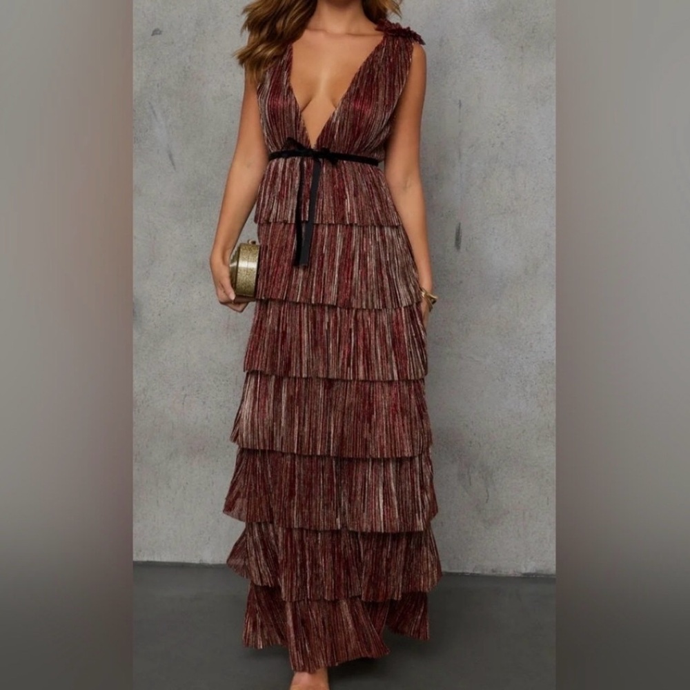 Tiered V-Neck Metallic Wine Gown